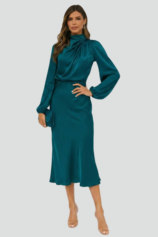 Satin Ruched Long Sleeve Solid Color Midi Dress, Green / M