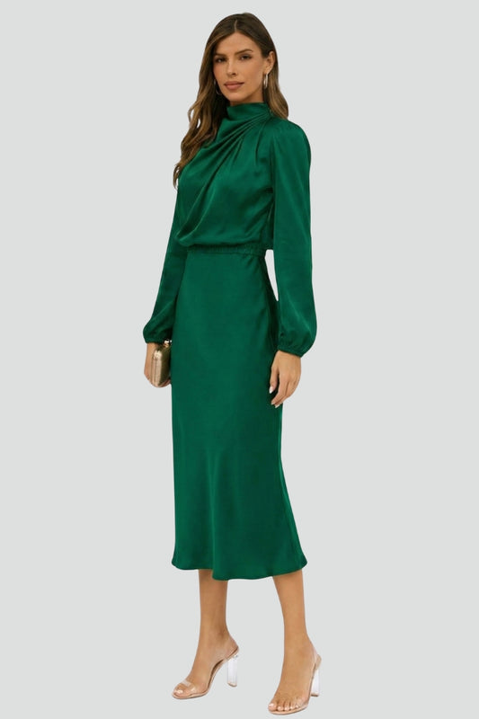 Women's Midi Dress with High Neckline and Long Sleeves in Green - View 4.0 | Roselva