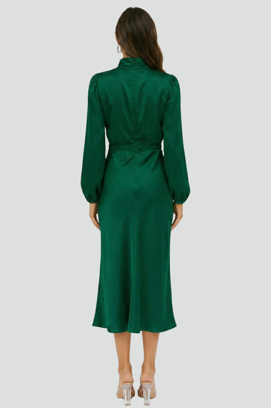 Women's Midi Dress with High Neckline and Long Sleeves in Green - View 3.0 | Roselva