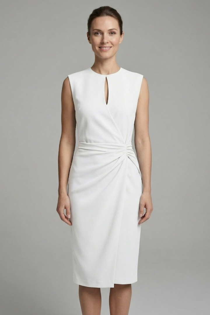 Women's Midi Dress with Keyhole Neckline and Draped Waist