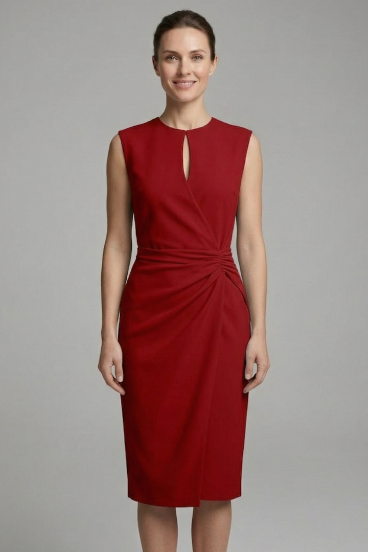 Women's Midi Dress with Keyhole Neckline and Draped Waist