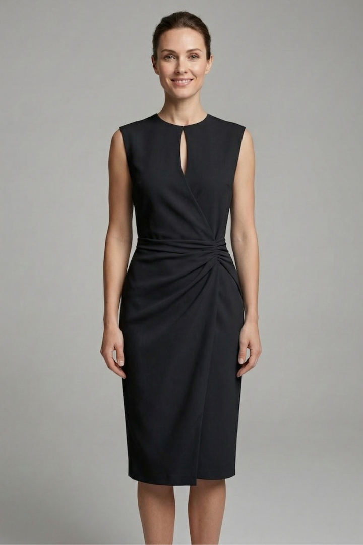 Women's Midi Dress with Keyhole Neckline and Draped Waist
