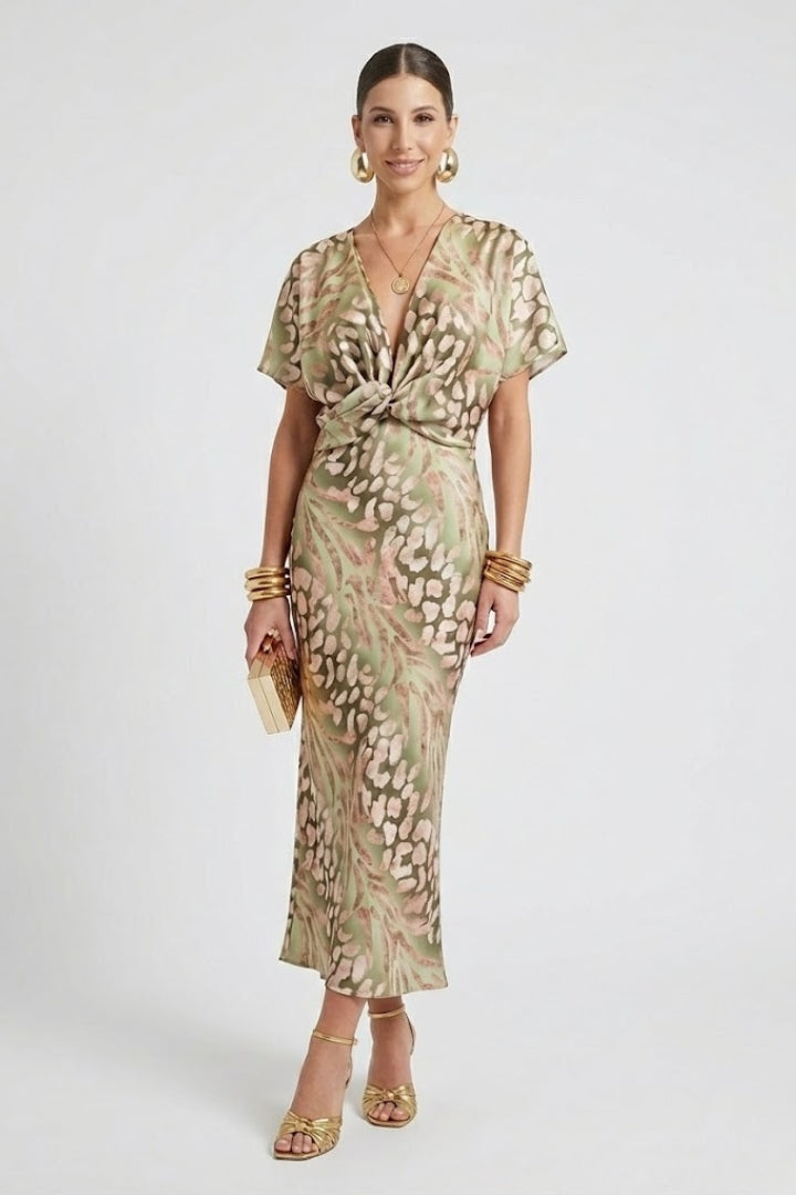 Women's Midi Dress with Pleated Hem and Floral Pattern in Green - View 2.0 | Roselva