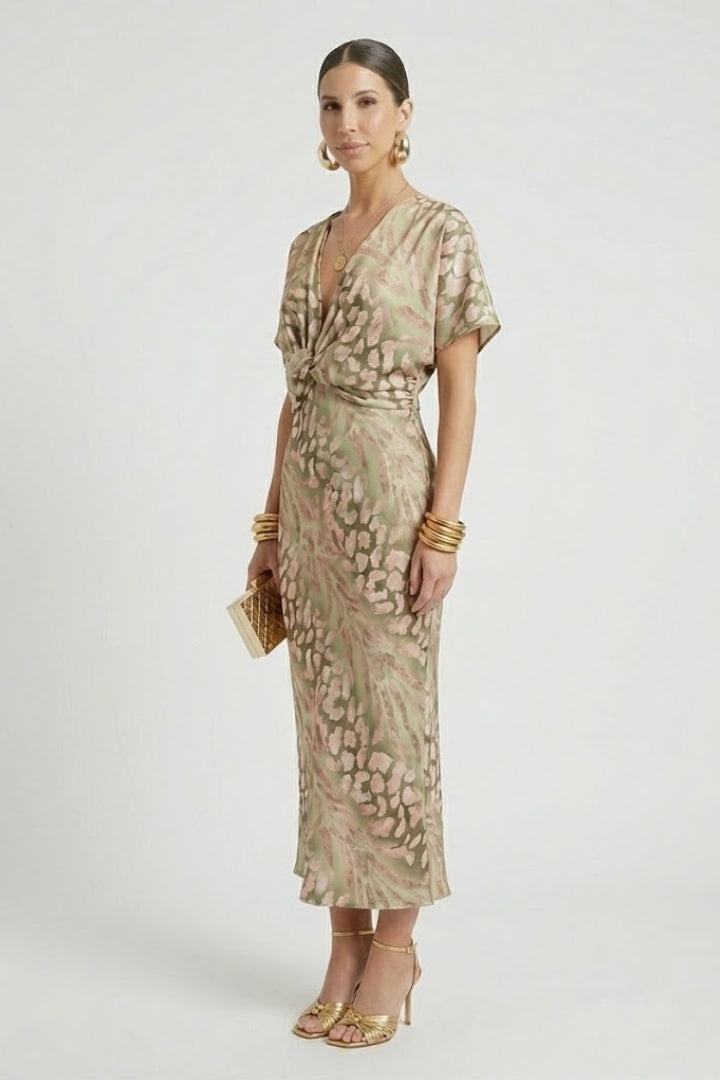 Women's Midi Dress with Pleated Hem and Floral Pattern in Green - View 4.0 | Roselva