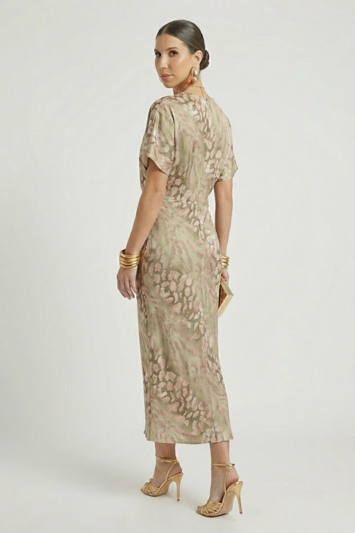 Women's Midi Dress with Pleated Hem and Floral Pattern in Green - View 5.0 | Roselva