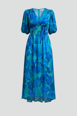 Women's Midi Dress with Puff Sleeves and Floral Pattern