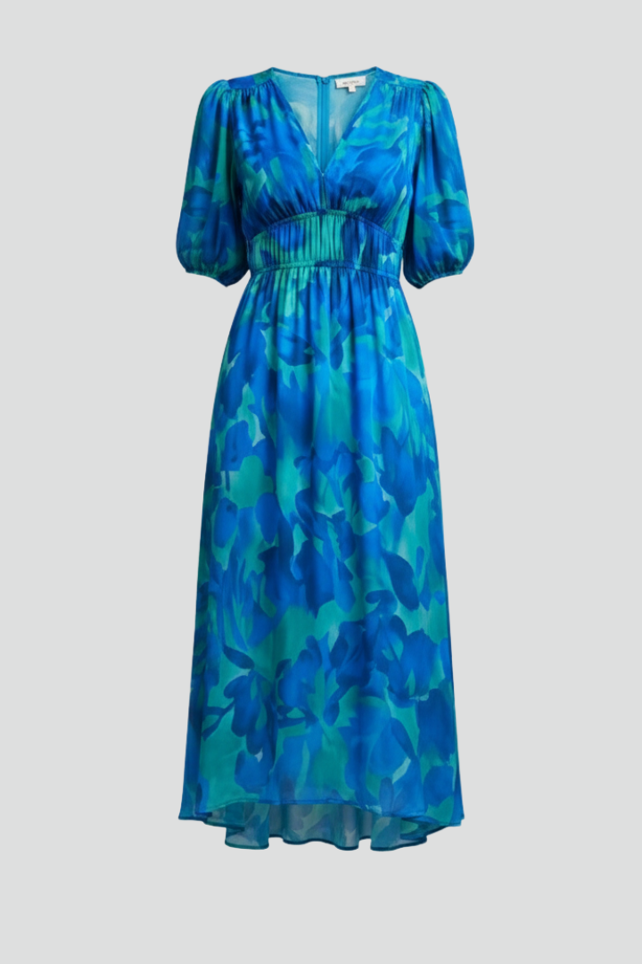 Women's Midi Dress with Puff Sleeves and Floral Pattern in Blue | Roselva
