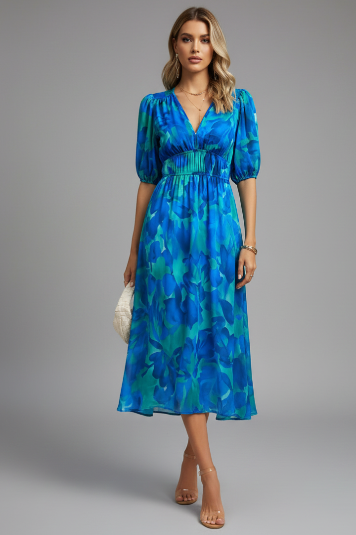 Women's Midi Dress with Puff Sleeves and Floral Pattern in Blue - View 2.0 | Roselva