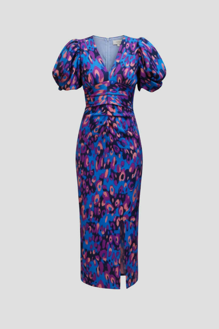 Women's Midi Dress with Puff Sleeves and Gathered Waist in Purple | Roselva