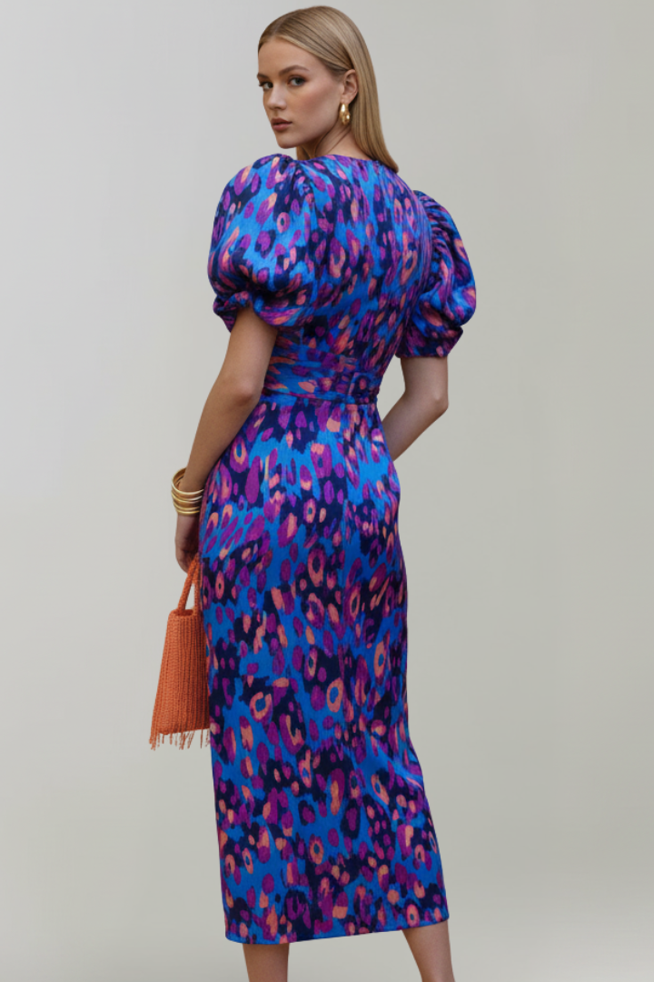 Women's Midi Dress with Puff Sleeves and Gathered Waist in Purple - View 4.0 | Roselva
