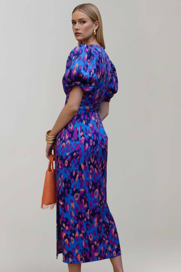 Women's Midi Dress with Puff Sleeves and Gathered Waist in Purple - View 3.0 | Roselva