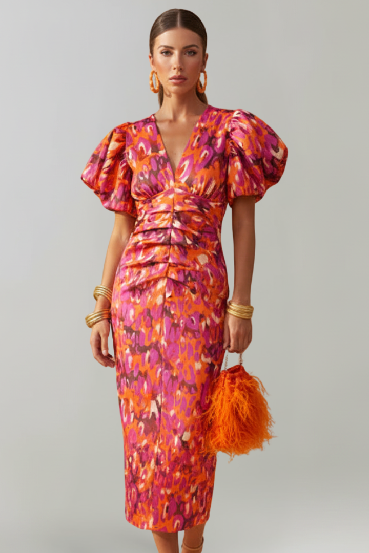 Women's Midi Dress with Puff Sleeves and Gathered Waist in Purple - View 6.0 | Roselva