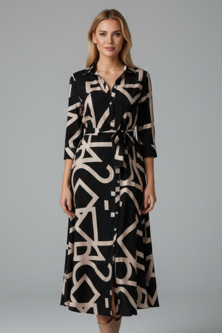 Women's Midi Dress with Collar and Waist Tie with Folded Collar