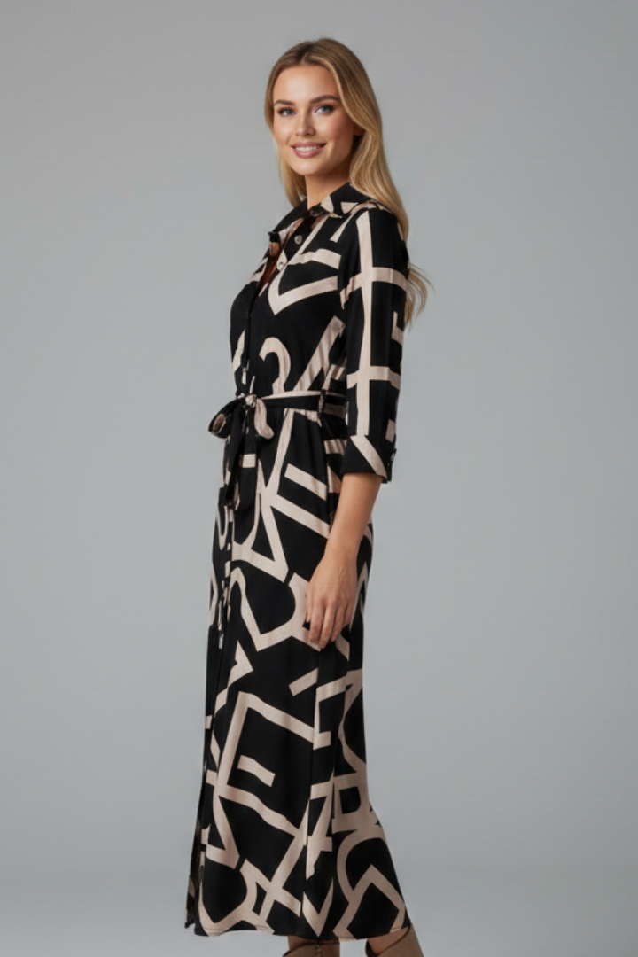 Women's Midi Dress with Collar and Waist Tie with Folded Collar
