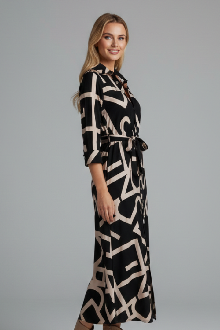 Women's Midi Dress with Collar and Waist Tie with Folded Collar