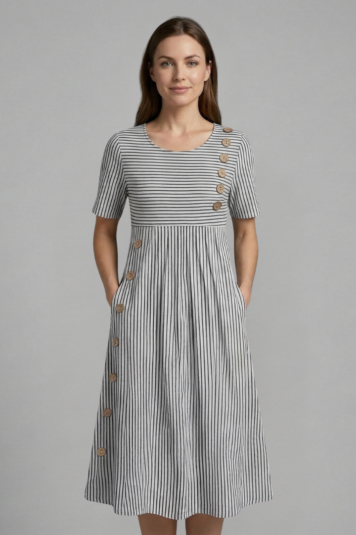 Women's Midi Dress with V-Neck with Button Detail