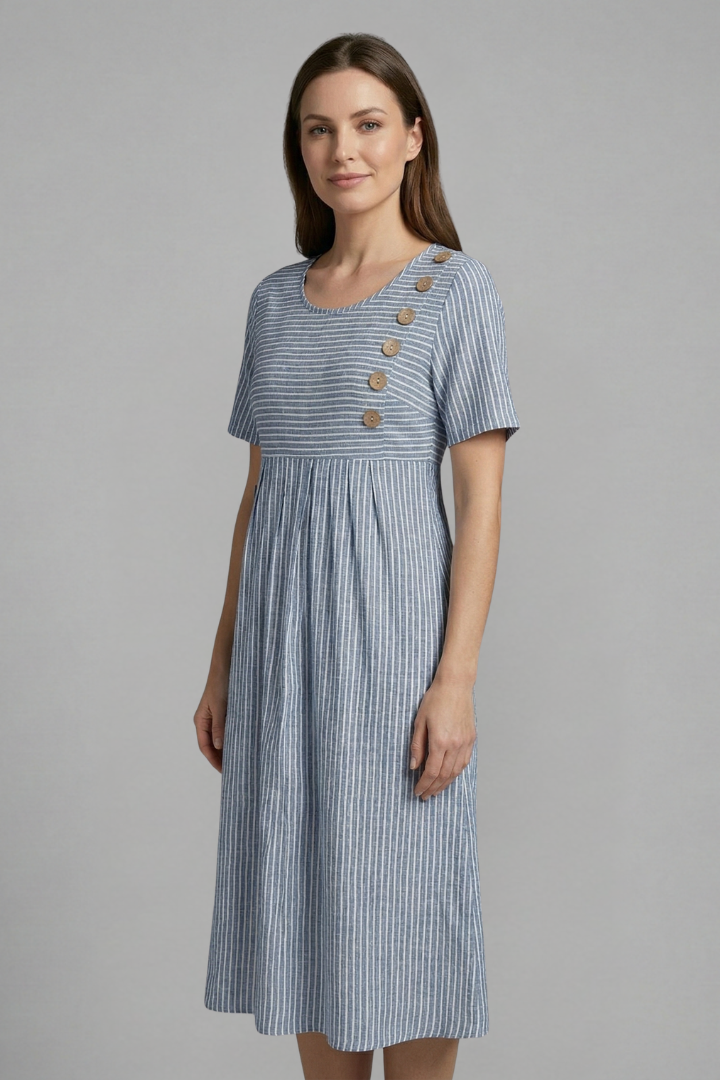Women's Midi Dress with V-Neck with Button Detail