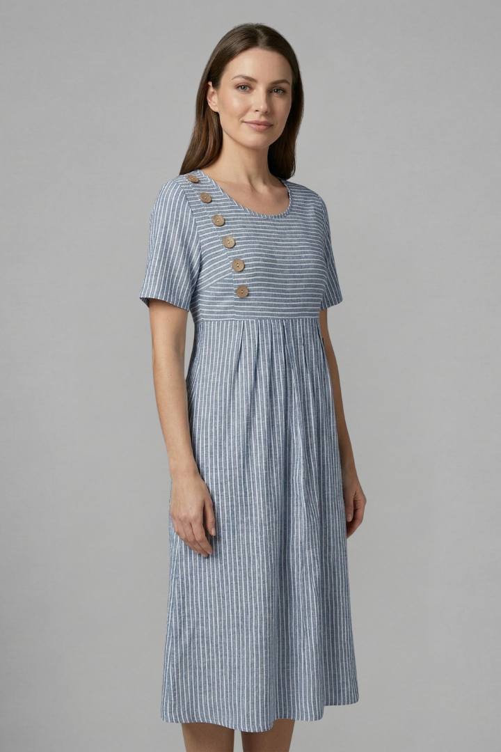 Women's Midi Dress with V-Neck with Button Detail