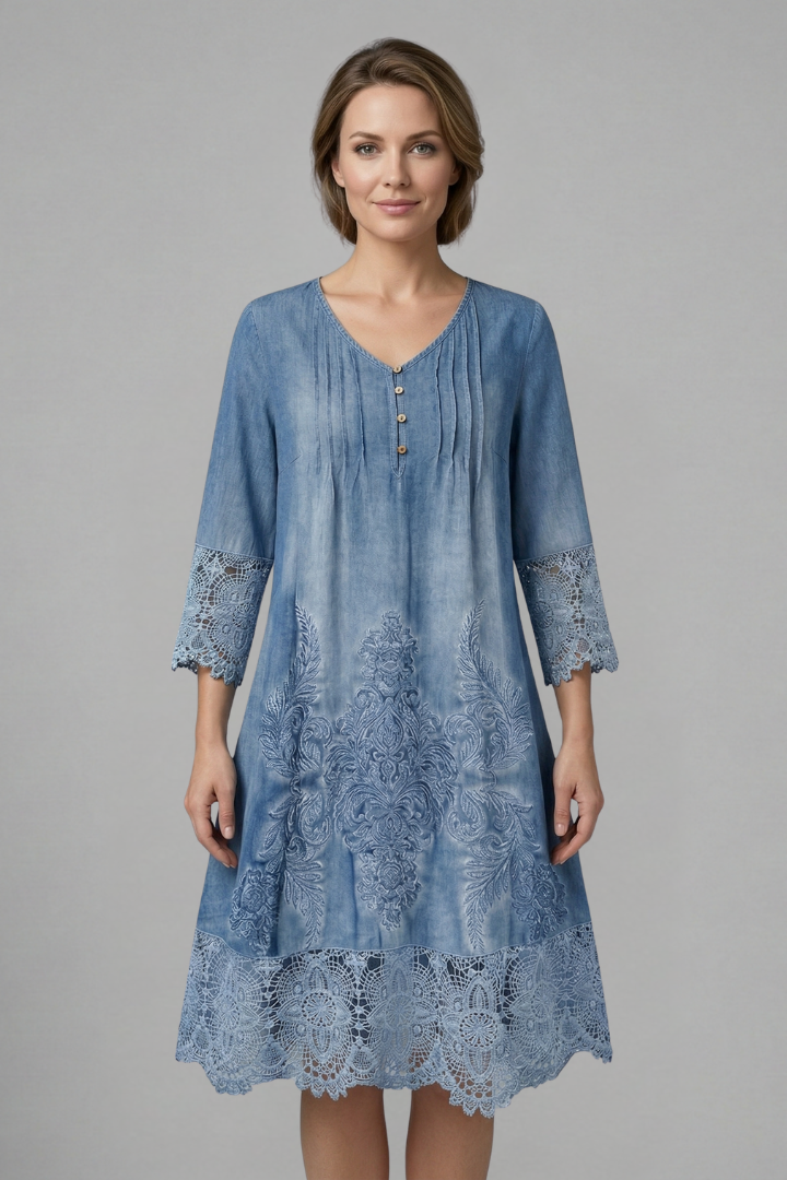 Women's Midi Dress with V-Neck and Lace Hem