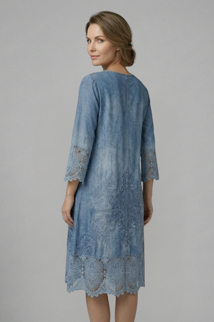 Women's Midi Dress with V-Neck and Lace Hem