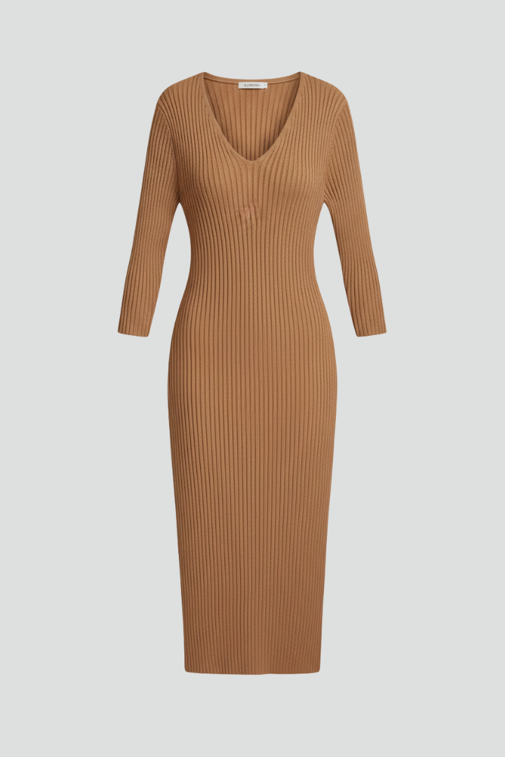 Women's Midi Dress with V-Neck and Long Sleeves 3