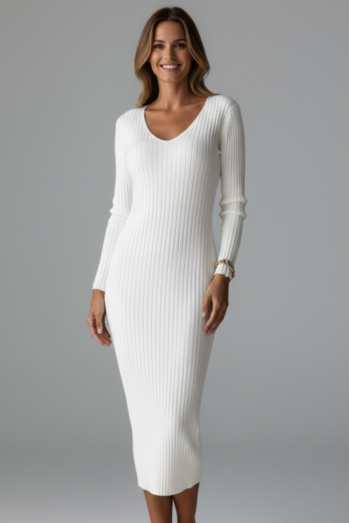 Women's Midi Dress with V-Neck and Long Sleeves 3