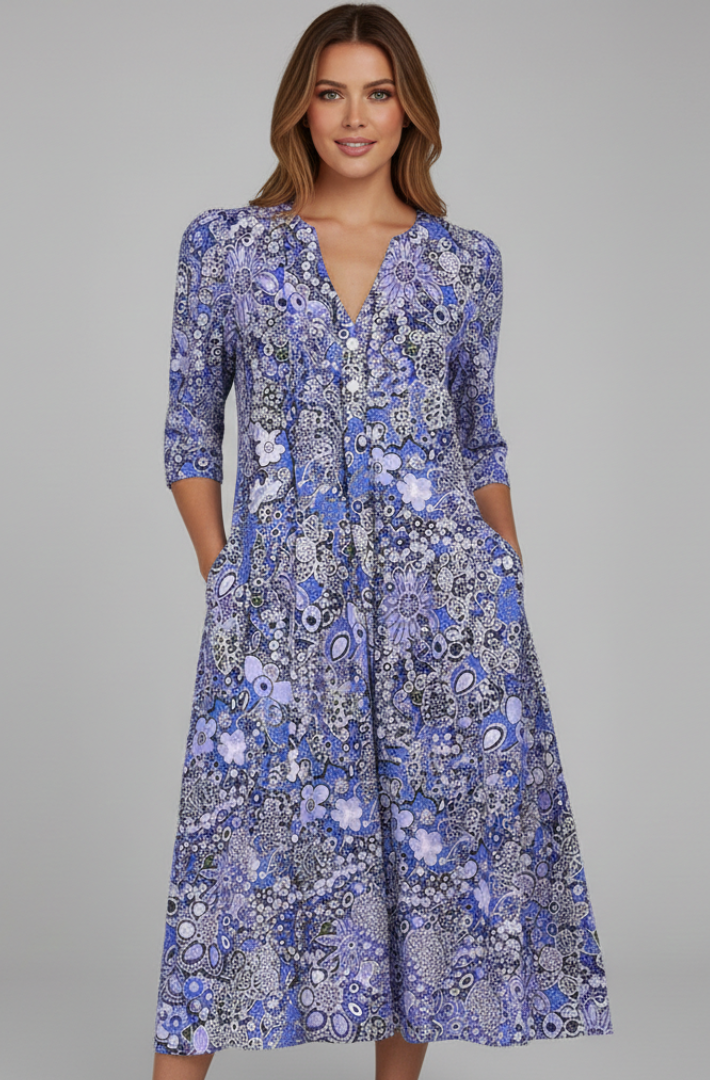 Women's Midi Dress with V-Neck and 3/4 Sleeves