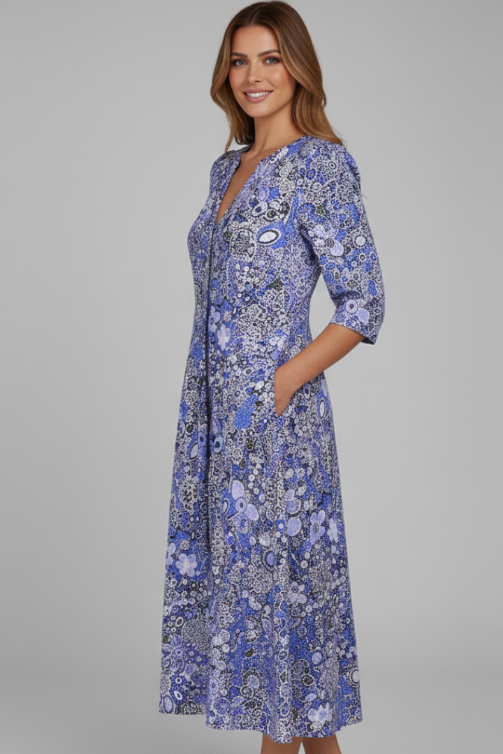 Women's Midi Dress with V-Neck and 3/4 Sleeves