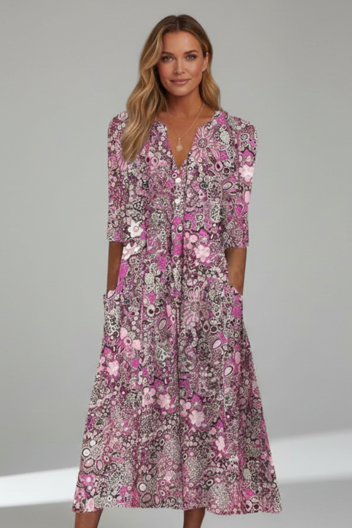 Women's Midi Dress with V-Neck and 3/4 Sleeves