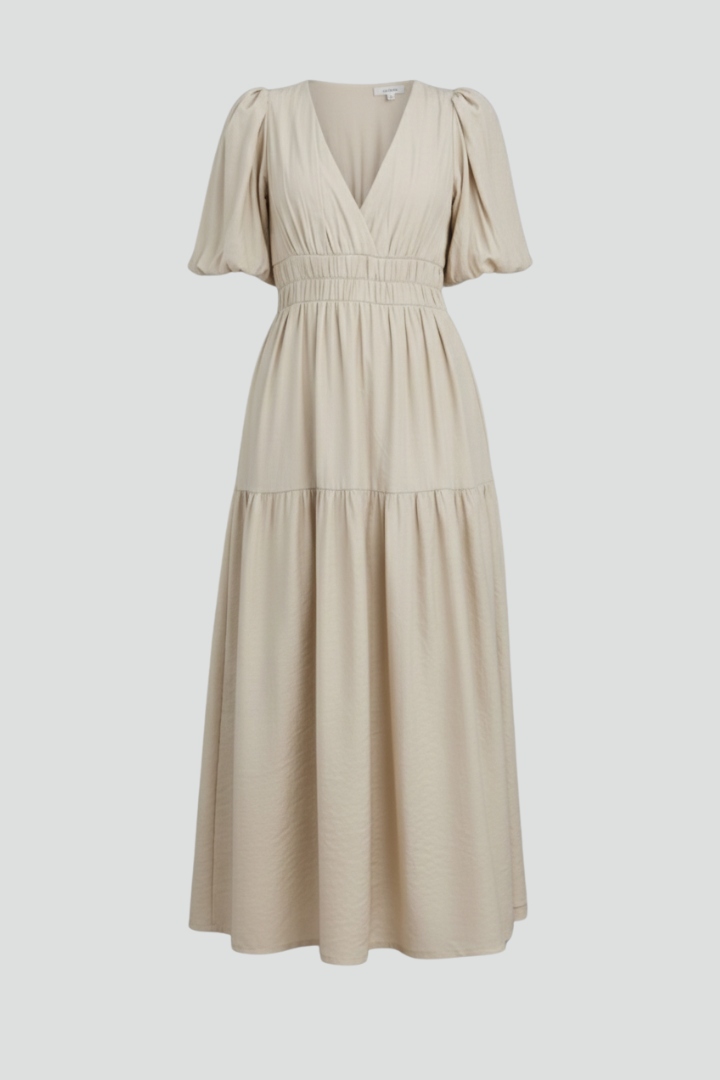 Women's Midi Dress with V-Neck and Layered Hem