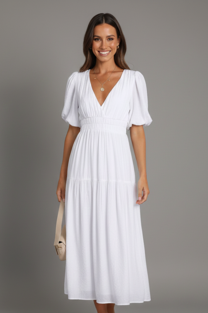 Women's Midi Dress with V-Neck and Layered Hem