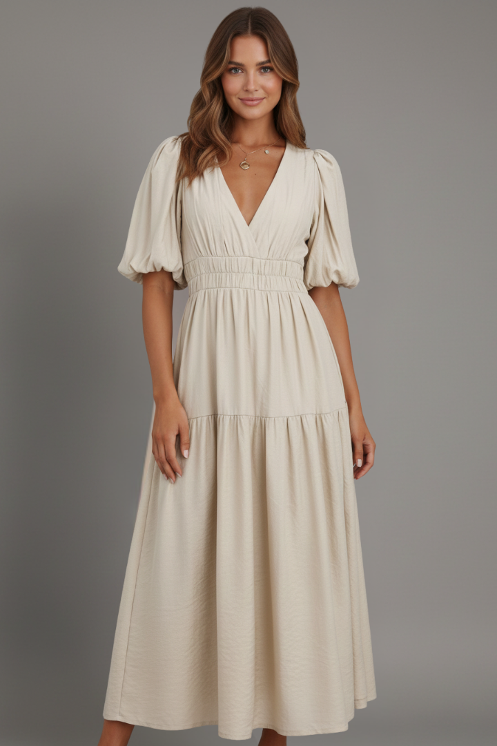 Women's Midi Dress with V-Neck and Layered Hem