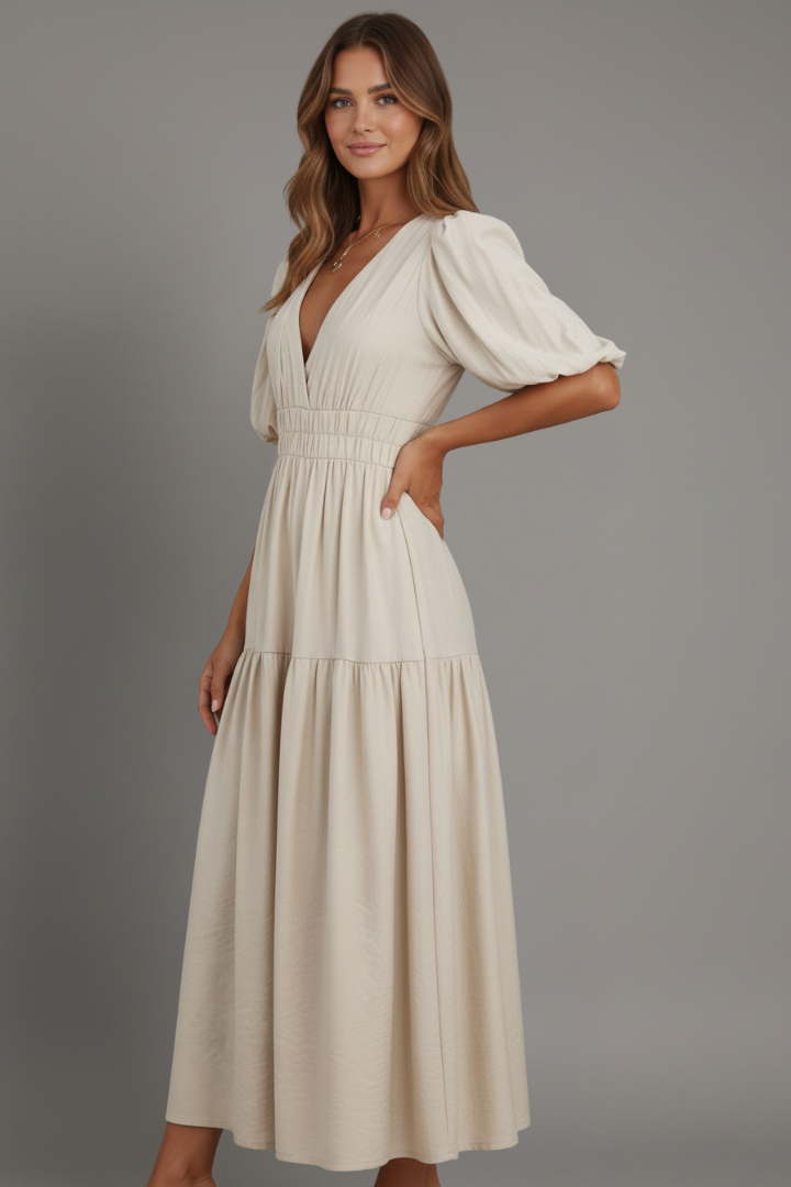 Women's Midi Dress with V-Neck and Layered Hem