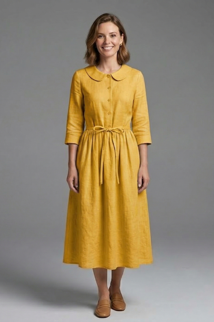 Women's Midi Dress with V-Neck and Waist Tie