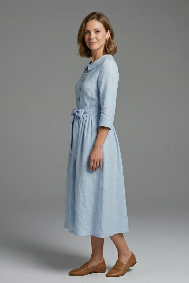 Women's Midi Dress with V-Neck and Waist Tie