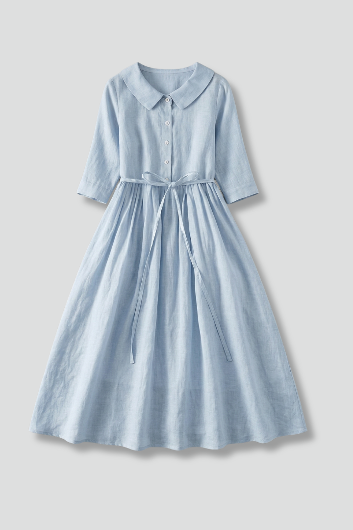 Women's Midi Dress with V-Neck and Waist Tie