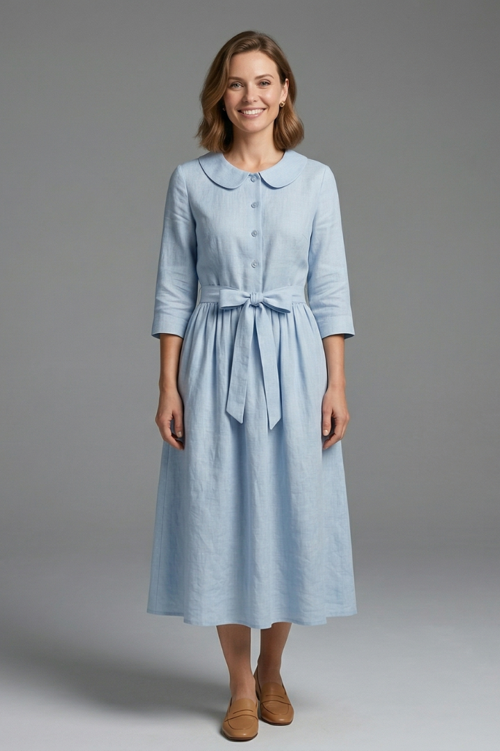 Women's Midi Dress with V-Neck and Waist Tie