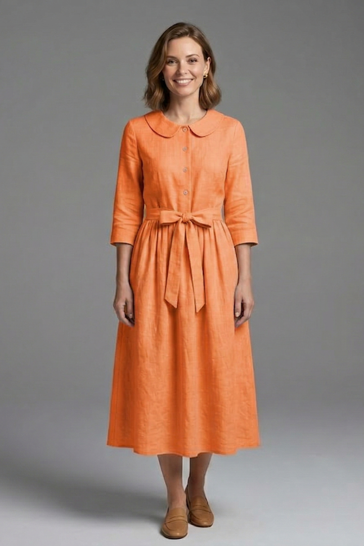 Women's Midi Dress with V-Neck and Waist Tie