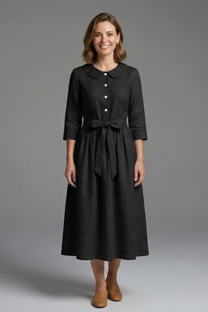 Women's Midi Dress with V-Neck and Waist Tie