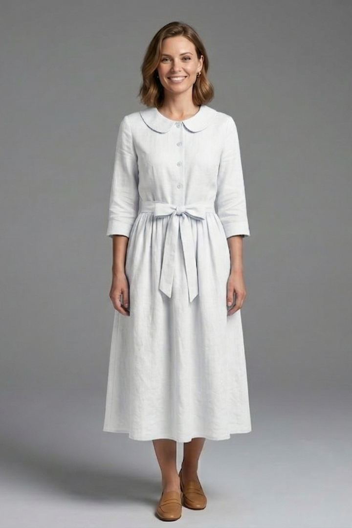 Women's Midi Dress with V-Neck and Waist Tie