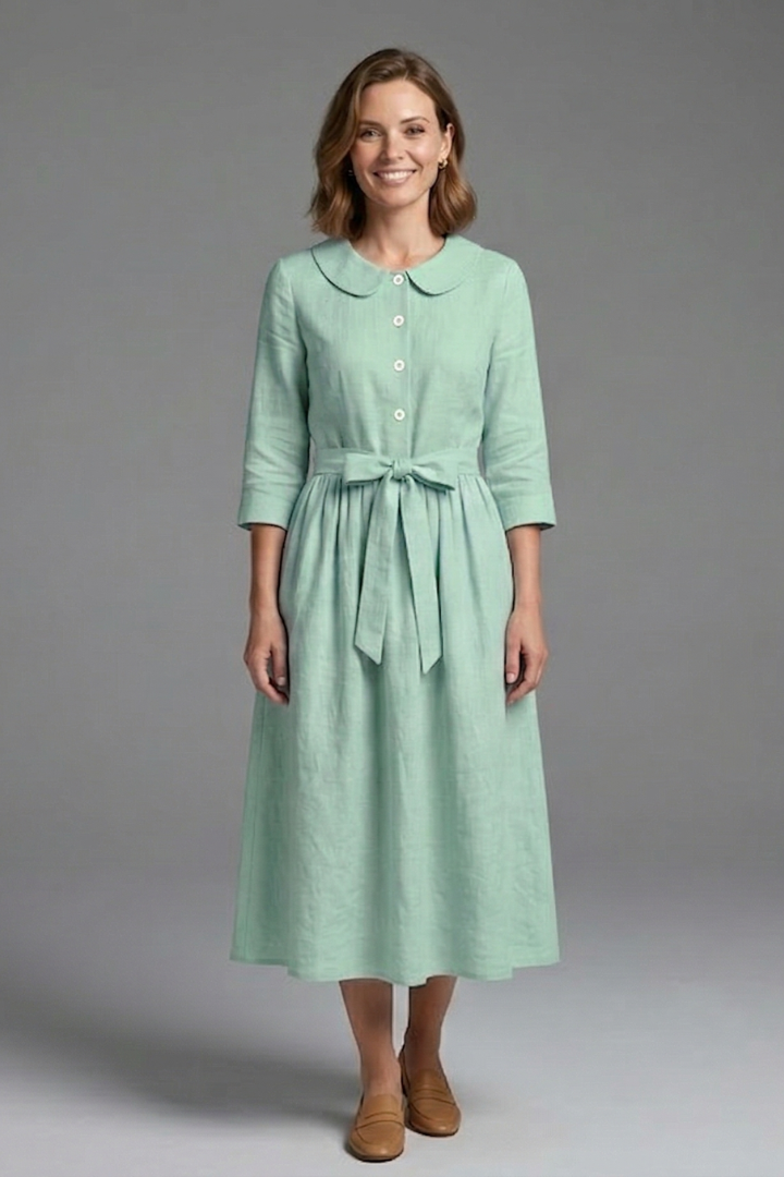 Women's Midi Dress with V-Neck and Waist Tie
