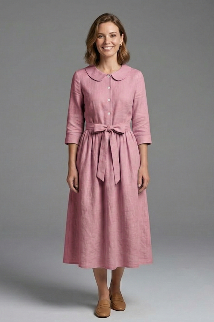 Women's Midi Dress with V-Neck and Waist Tie