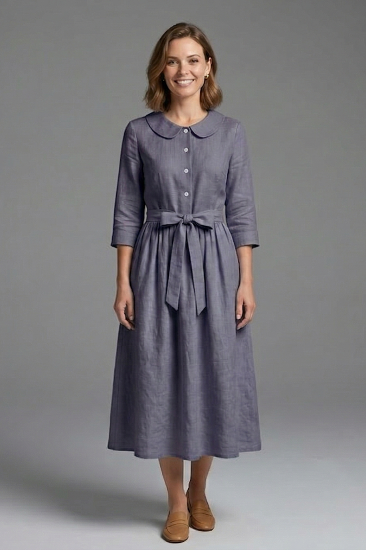 Women's Midi Dress with V-Neck and Waist Tie