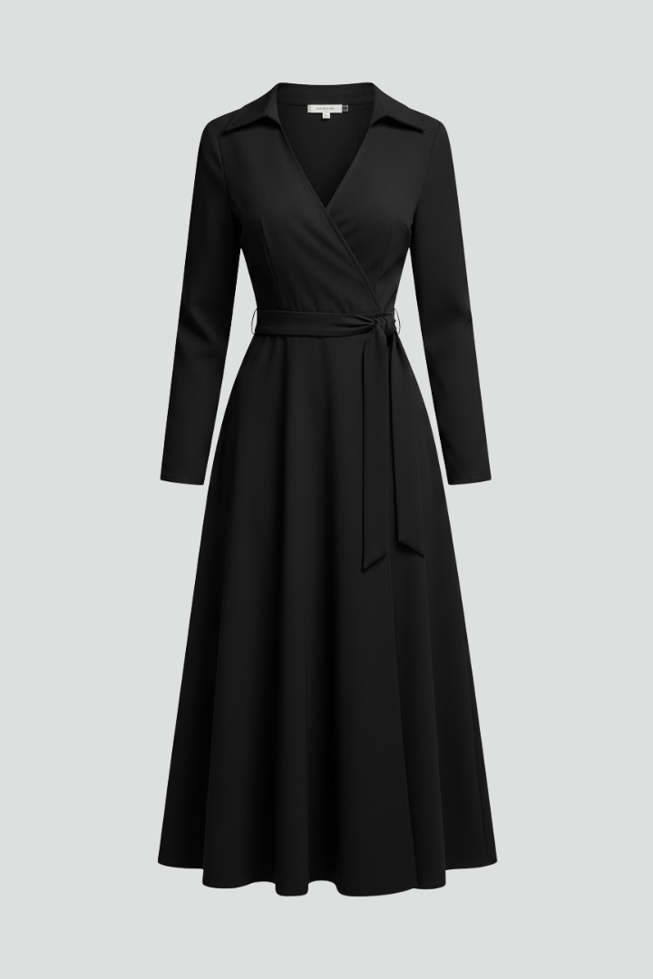 Women's Midi Dress with V-Neck and Long Sleeves