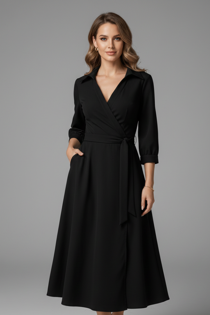 Women's Midi Dress with V-Neck and Long Sleeves