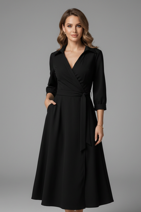 Women's Midi Dress with V-Neck and Long Sleeves