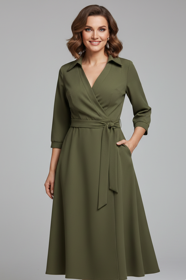 Women's Midi Dress with V-Neck and Long Sleeves