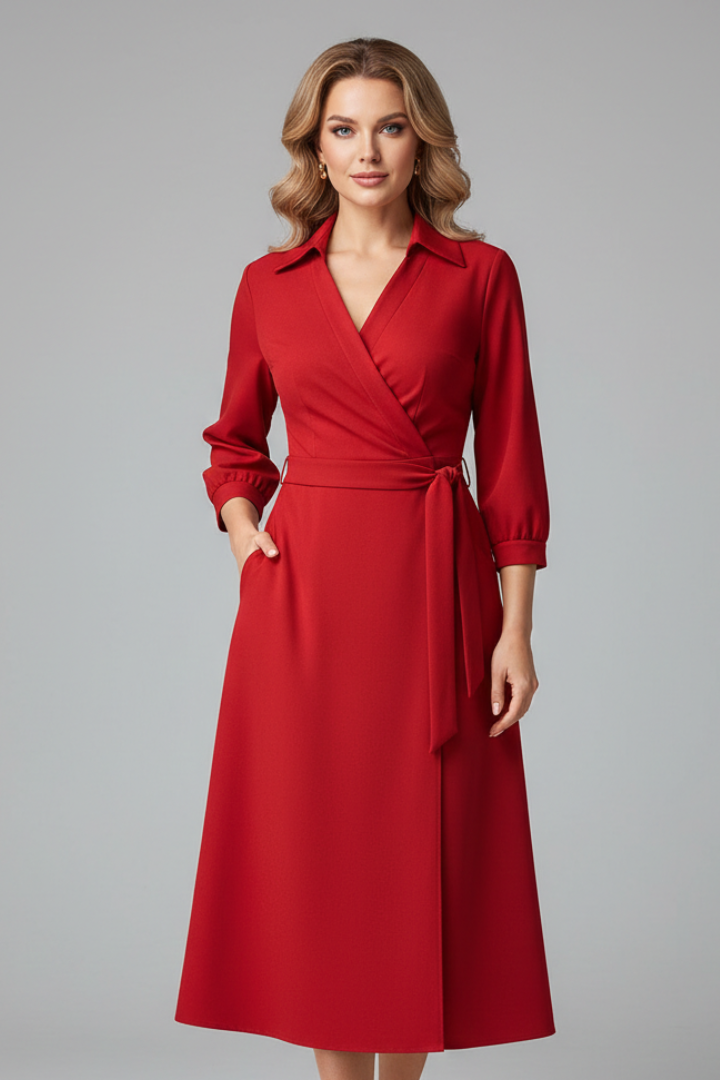 Women's Midi Dress with V-Neck and Long Sleeves