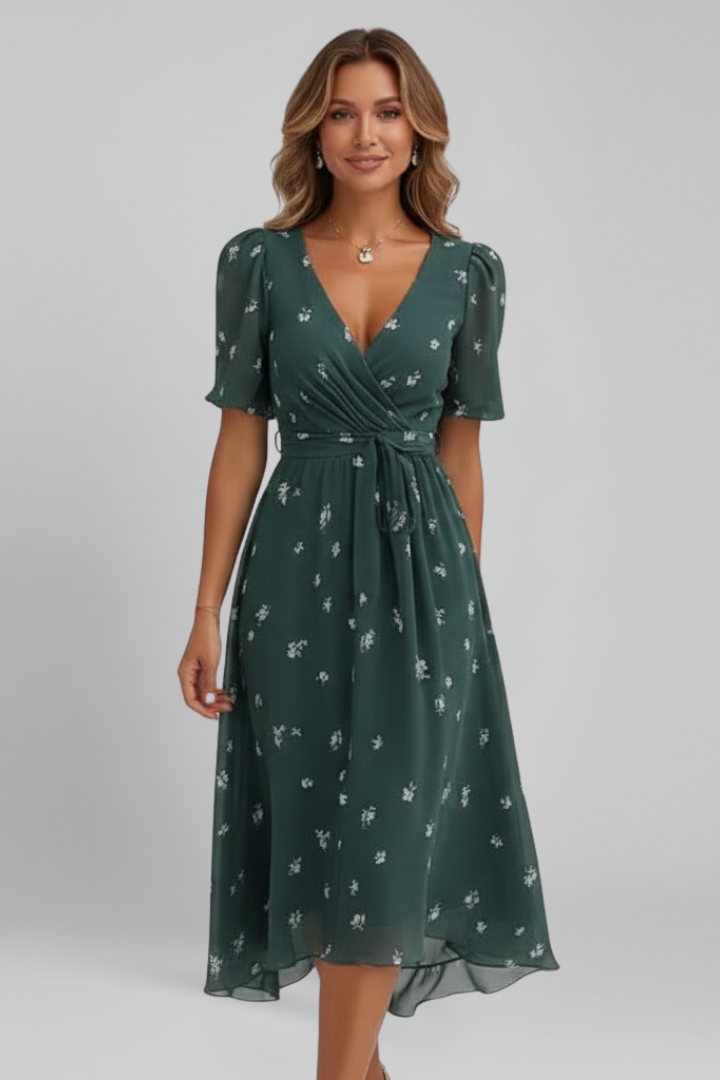 Women's Midi Dress with V-Neck with Pattern