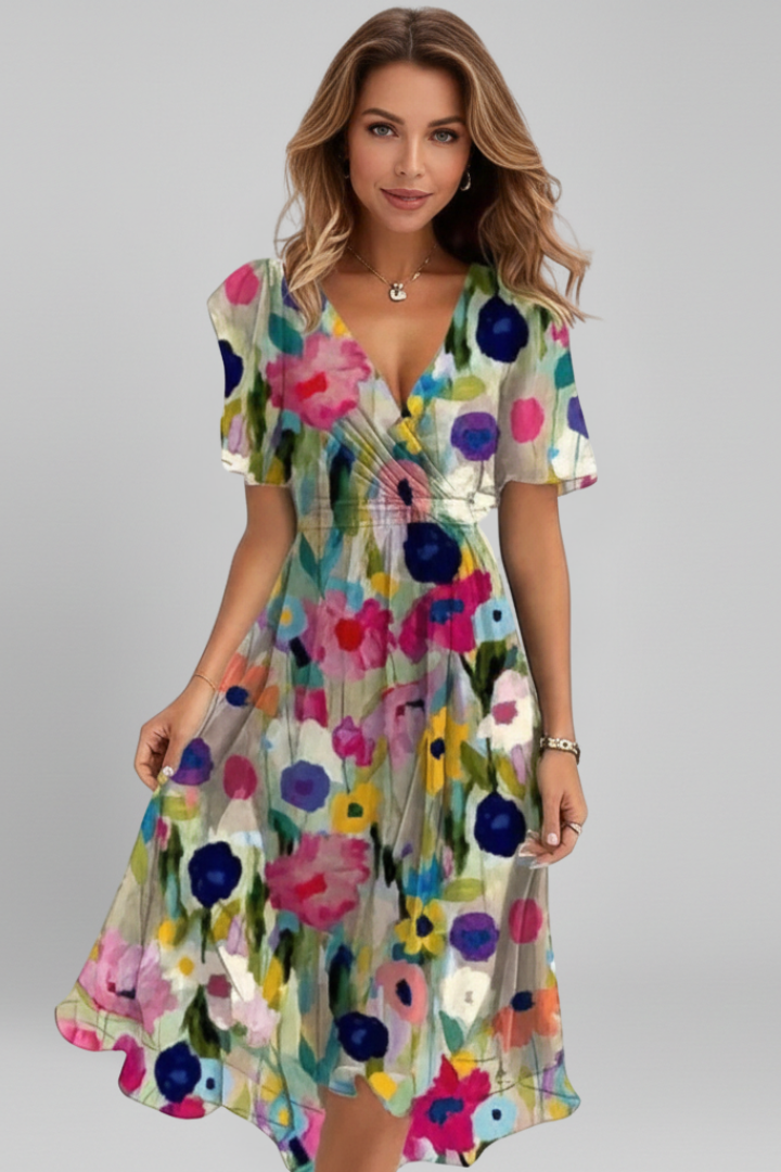 Women's Midi Dress with V-Neck with Pattern